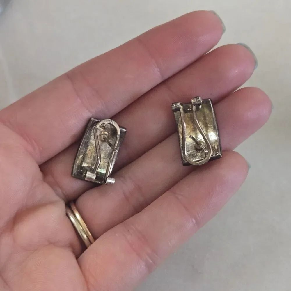 Vintage Sterling 925 Inlay Pastel Blue Pink Yellow Mother Of Pearl Earrings - Picture 6 of 6